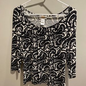 Talbots petites size M black /white 3/4 sleeve printed top